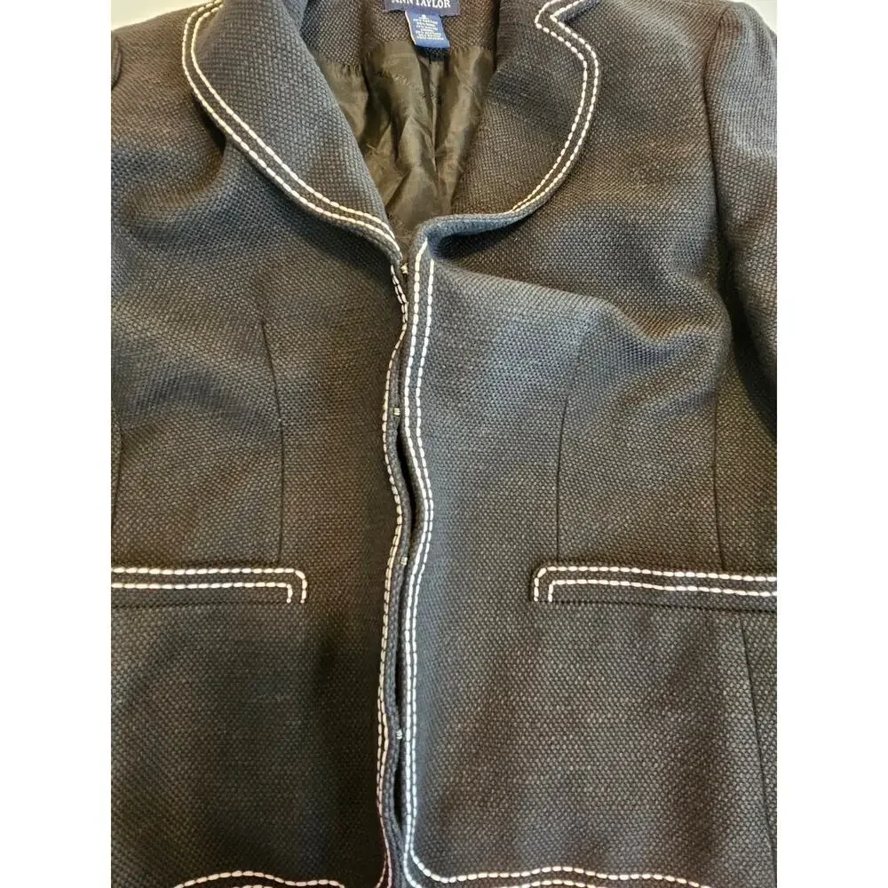 Ann Taylor Wool Blend Blazer Jacket Black White Contrast Stitch Career Size 8